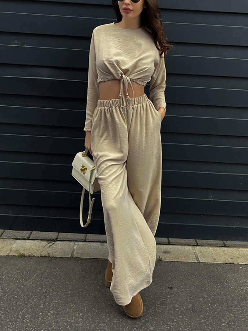 Solid Color Crop Tops Wide Leg Pants Casual Set