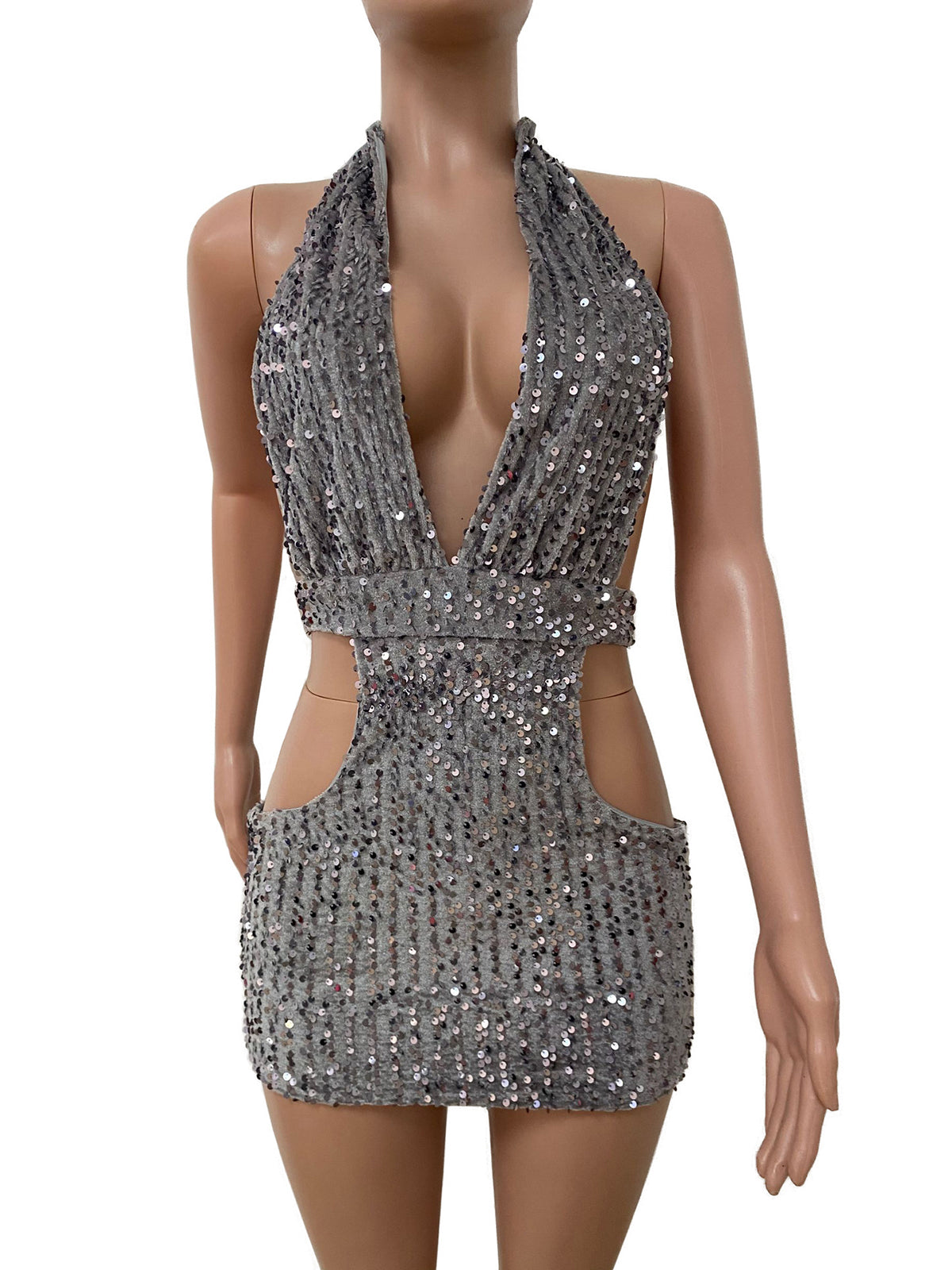 Glitter Sequin Backless Hollow Out Mini Dress