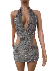 Glitter Sequin Backless Hollow Out Mini Dress