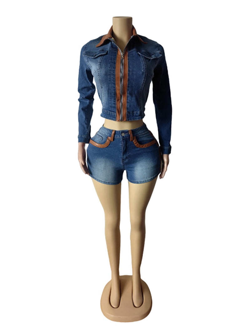 Retro Contrast Color Patchwork Denim Jacket Shorts Set