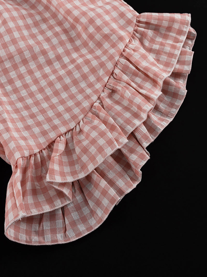 Fashion Plaid Puff Sleeve Ruffle Shirt Shorts Sets