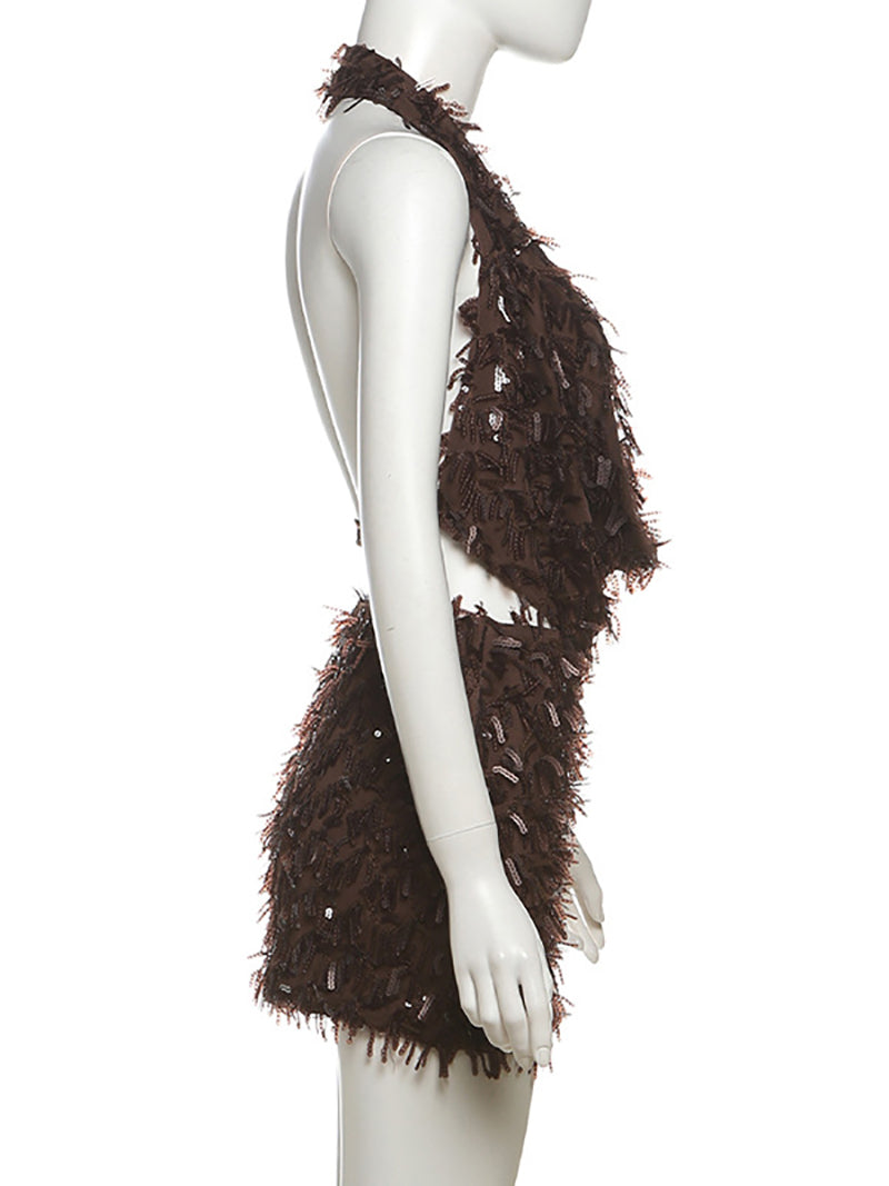 Sequin Fringe Halter Backless Cropped Skirt Sets