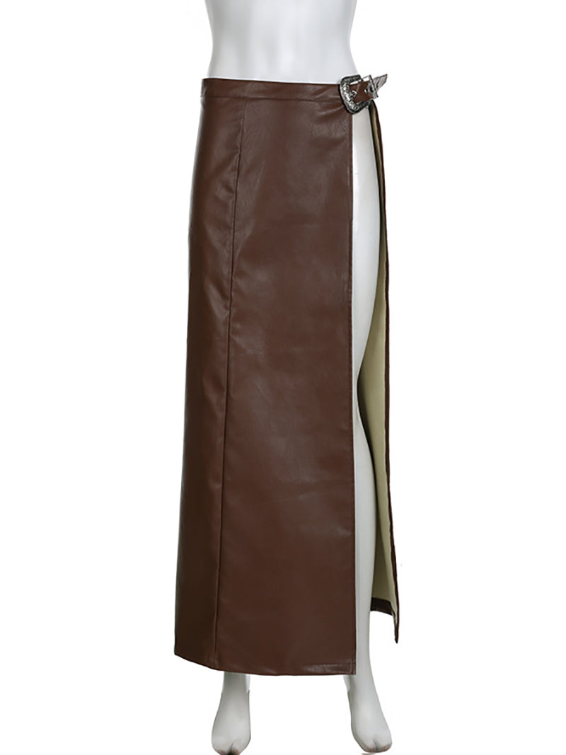 Sexy PU Leather High Slit Skirt