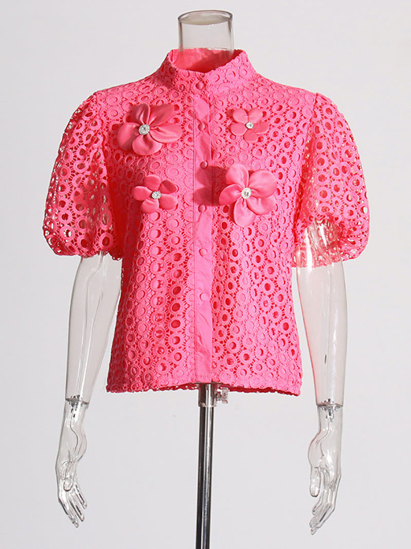 Elegant Floral Embellishment Hollow Blouse