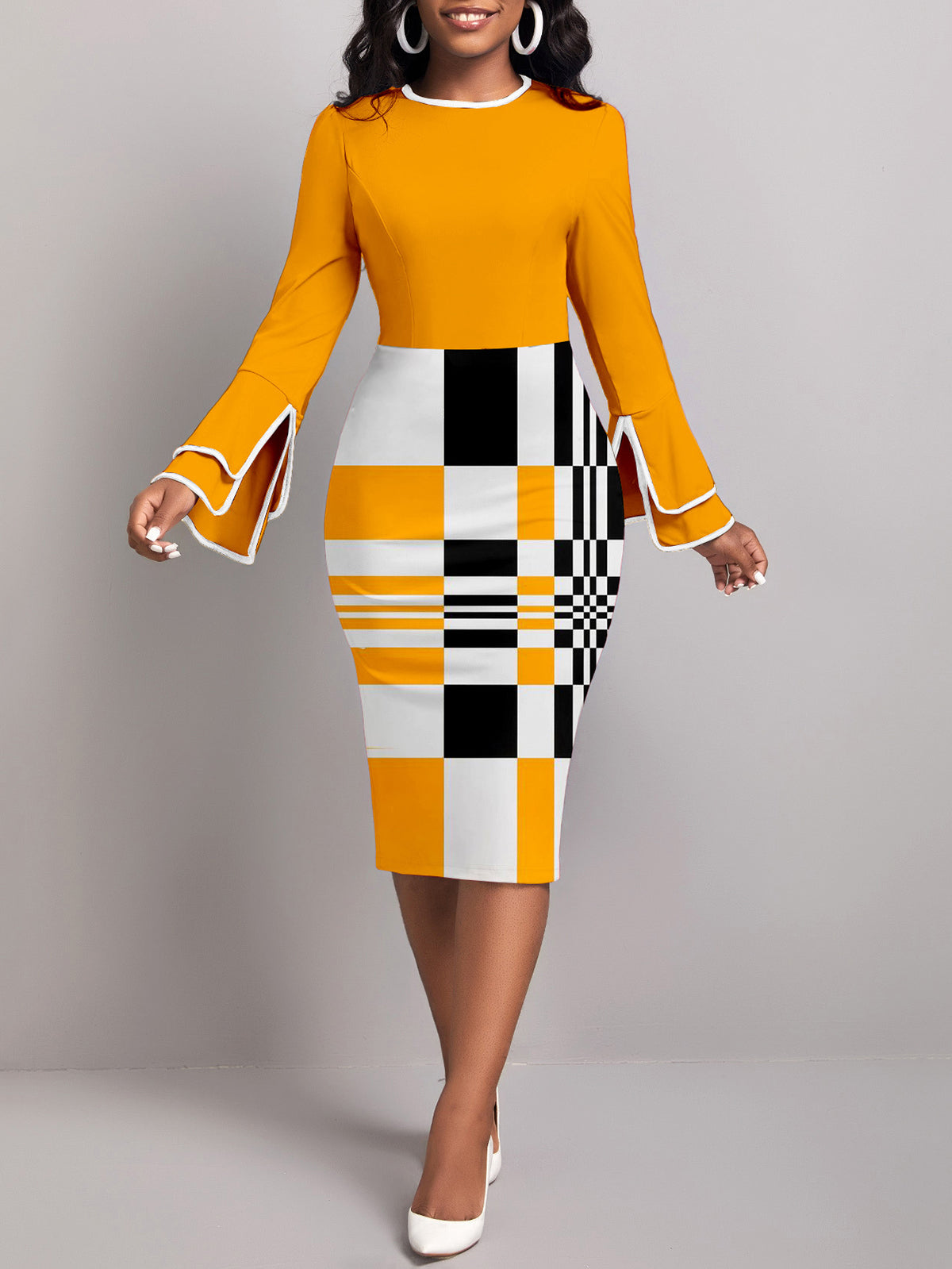 Block Zipper O Neck Pencil Skirt Dress