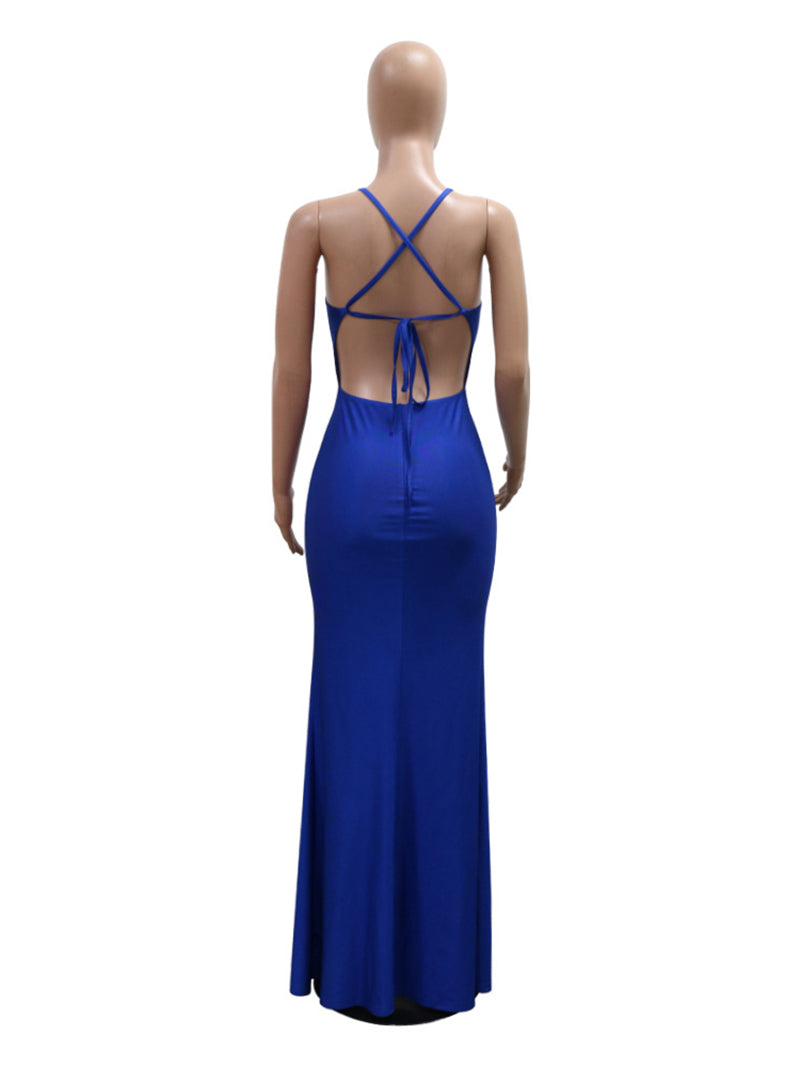 Rhinestones Backless High Split Maxi Dress