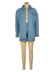 Casual Loose Denim Jacket Short Two Piece Set