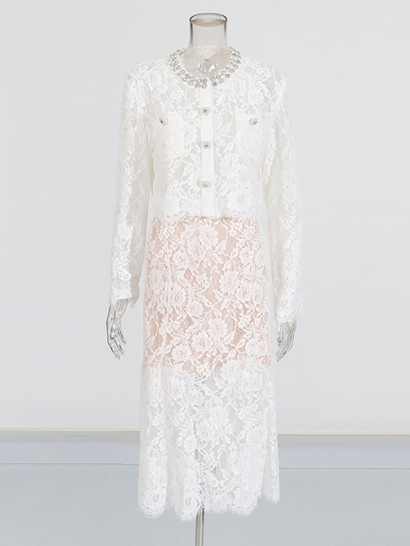Elegant Rhinestone Embellished Lace Midi Skirt Sets