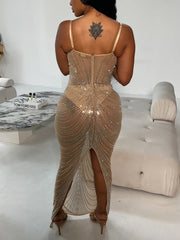 Sexy Rhinestone Sheer Mesh Spaghetti Strap Maxi Dress