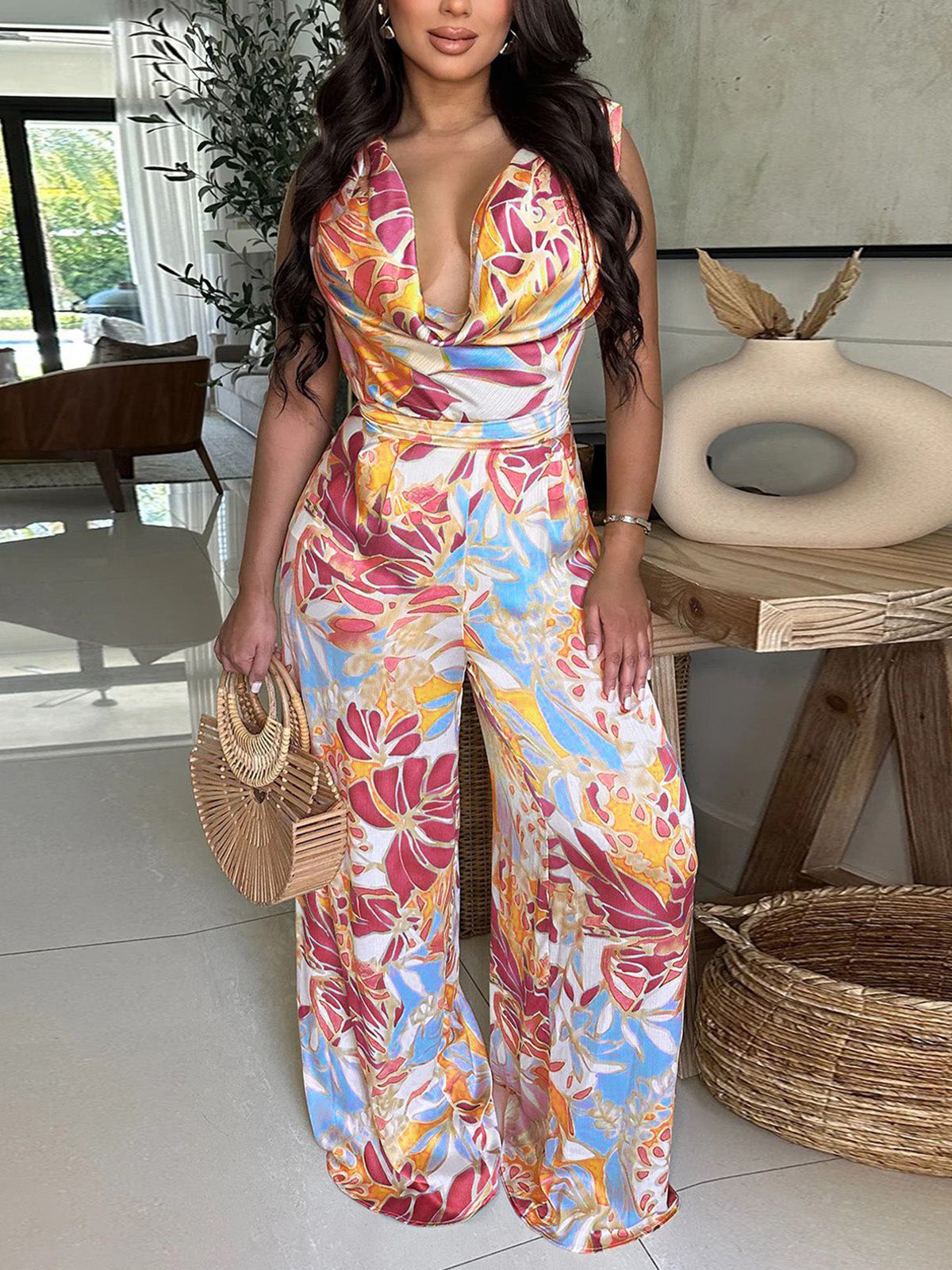 Casual Print Sleeveless Lace-up Wide Leg Jumpsuit