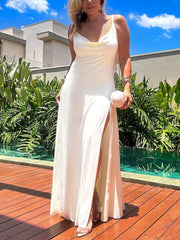 Casual Backless Ruffle High Split Maxi Dress