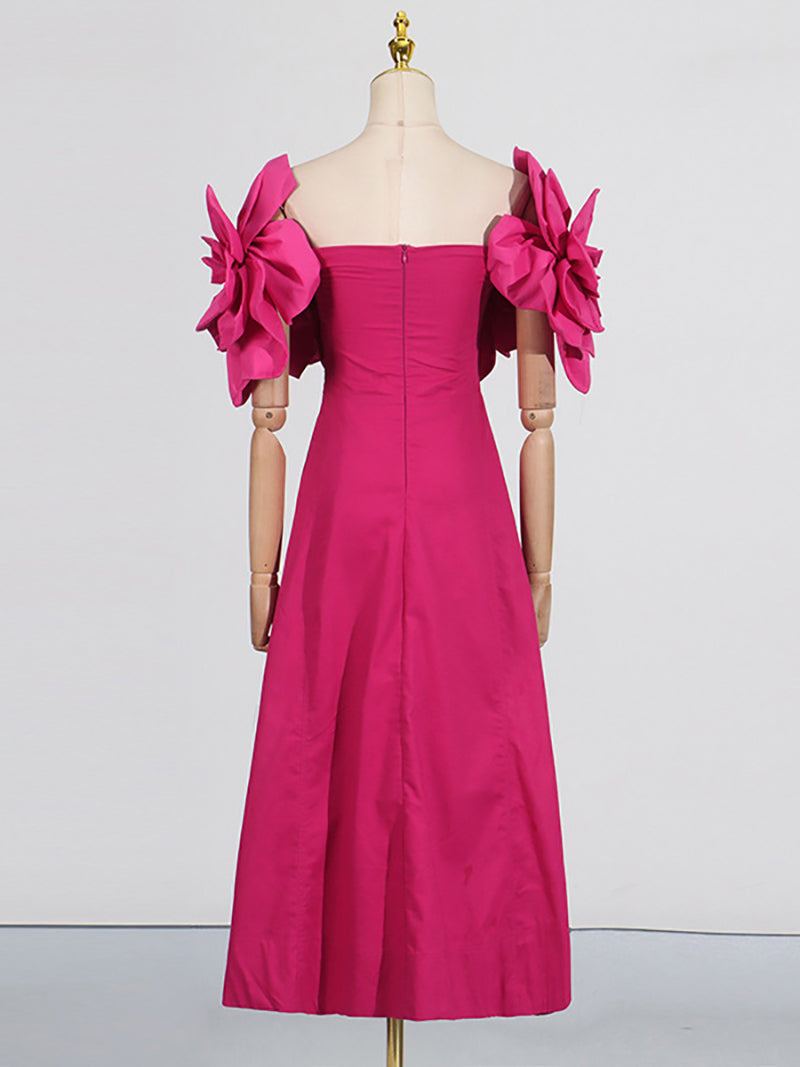 Elegant Off Shoulder Floral Applique Slim Midi Dress