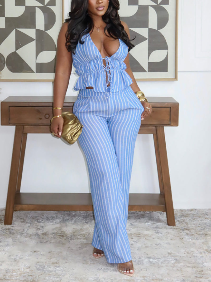 Striped Print Halter Backless Lace-up Top And Pants Set