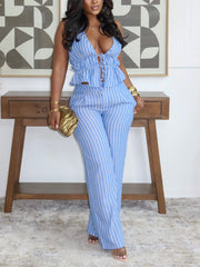Striped Print Halter Backless Lace-up Top And Pants Set