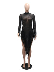 Sexy Mesh Sheer Rhinestone Tassel Bodycon Dress