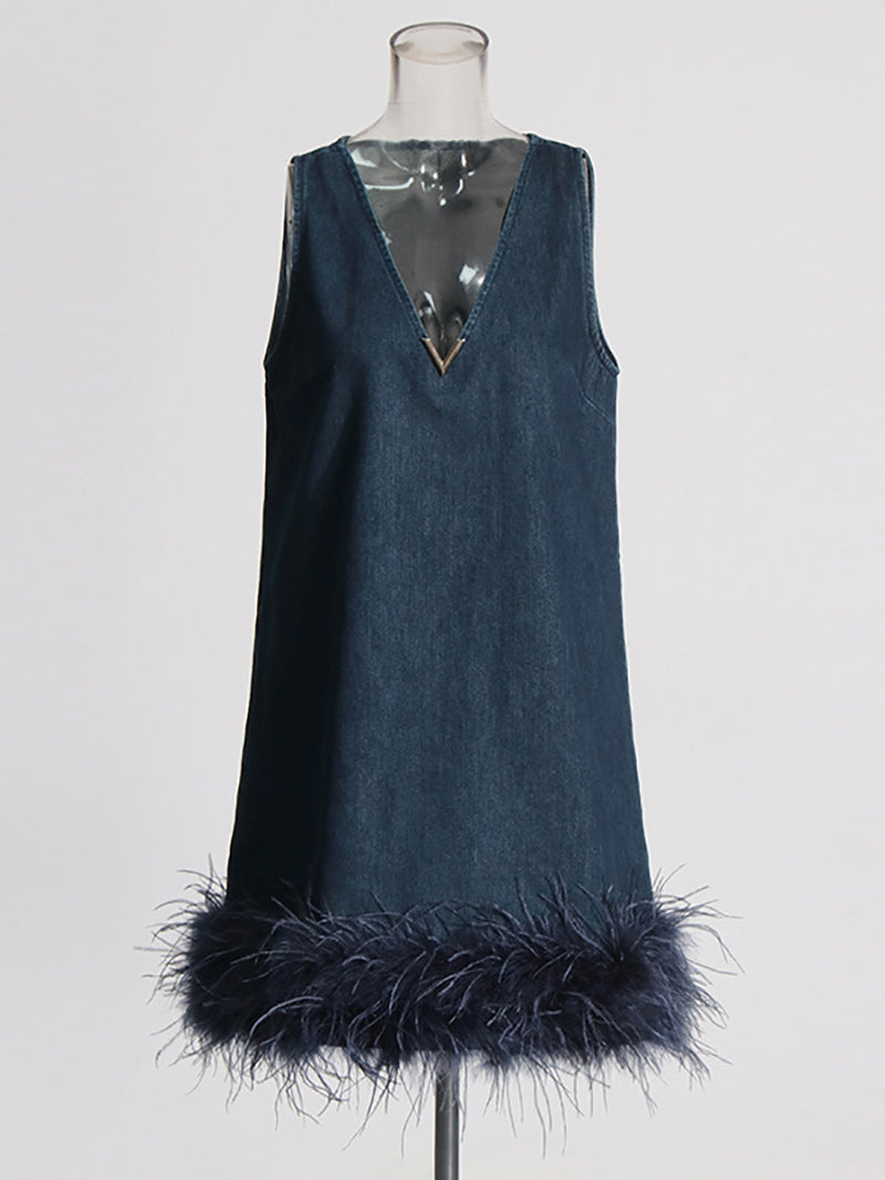 Sleeveless Feather Trim Denim Mini Dress