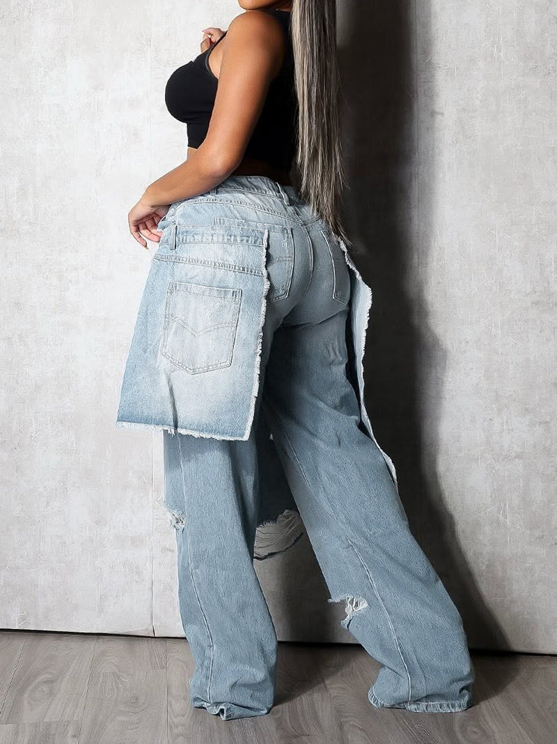 Casual Denim Patchwork Ripped Loose Jeans