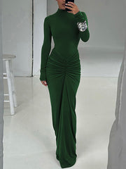 Elegant Long Sleeve Slim Draped Maxi Dress