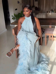 Feather Trim Halter Asymmetric Maxi Dress