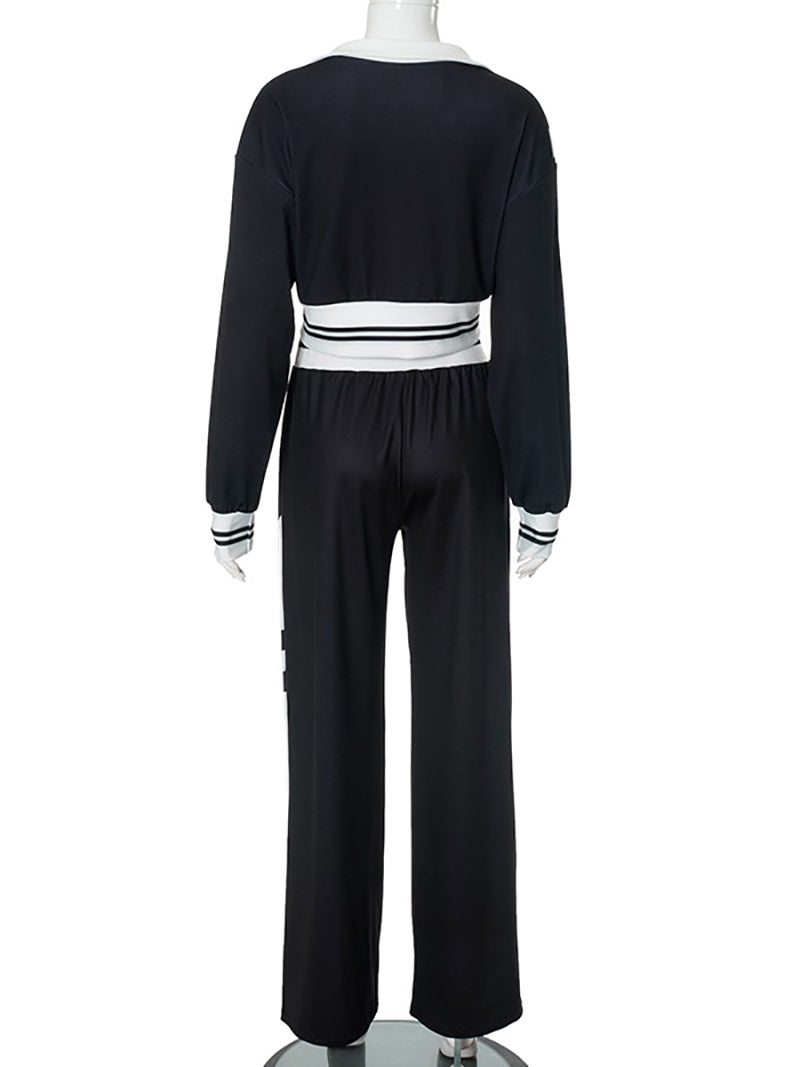 Colorblock Striped Trim Zipper Top And Pant Sets