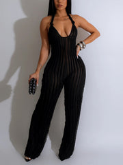 Sexy V Neck Pleat Halter See through Jumpsuit