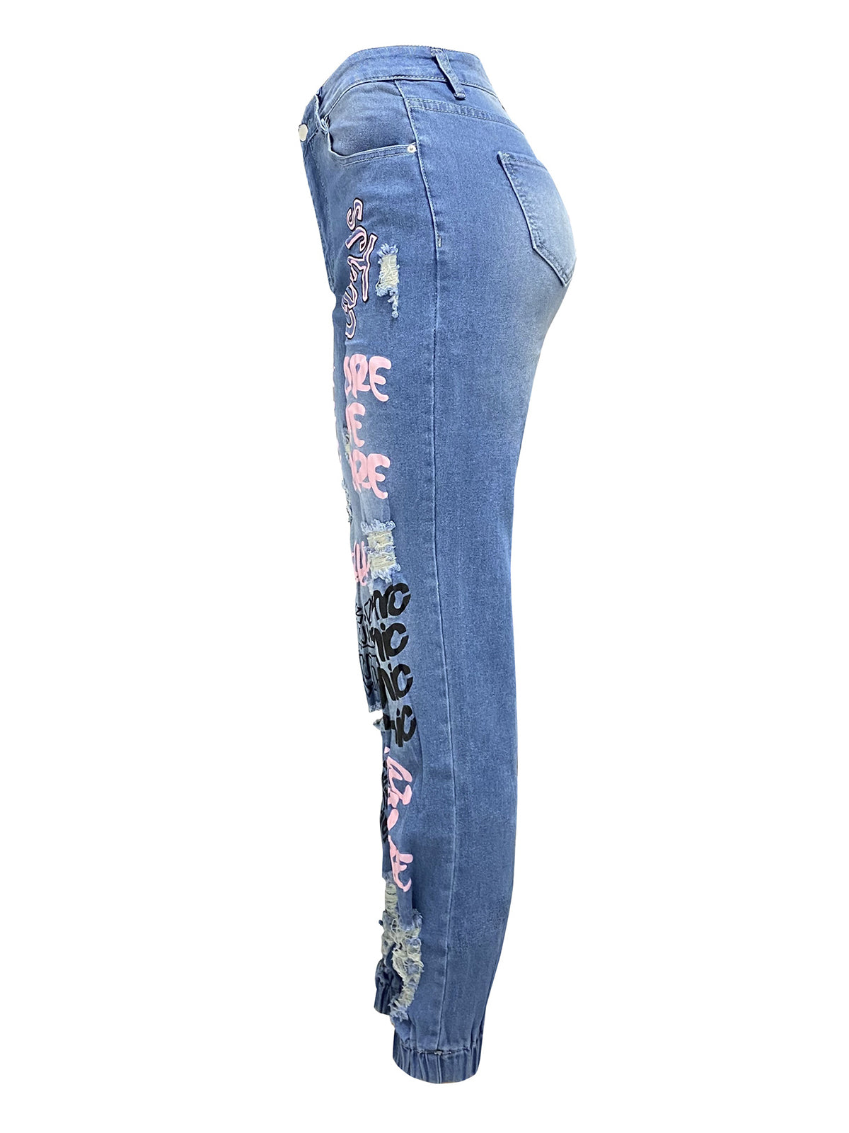 Fashion Letter Print Ripped Jeans