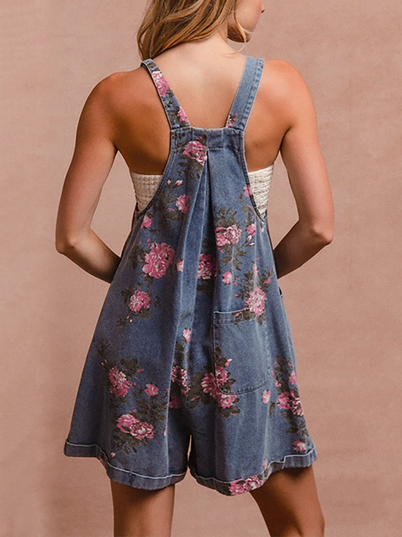 Casual Wide-Leg Floral Print Denim Overalls Shorts