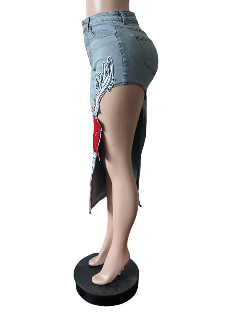 Casual Patch Letter Embroider High Split Denim Skirt