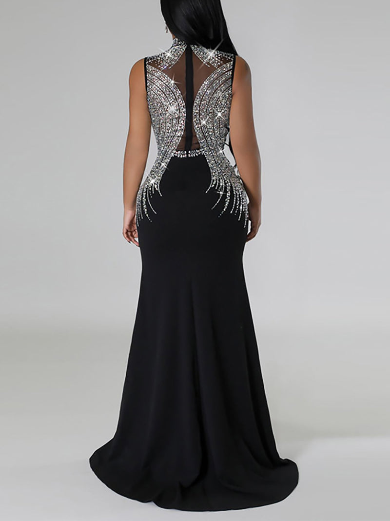 Mesh Rhinestone Sleeveless Evening Party Maxi Dress