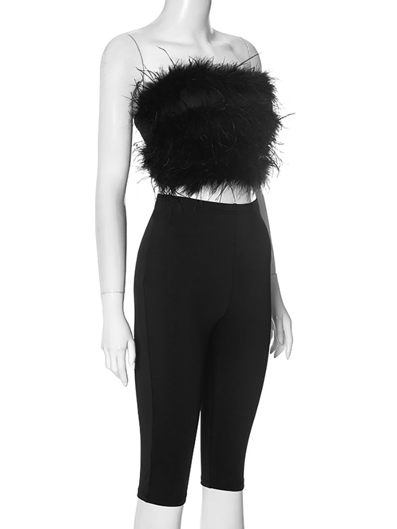 Sexy Fluffy Strapless Top Skinny Pants Two Piece Set