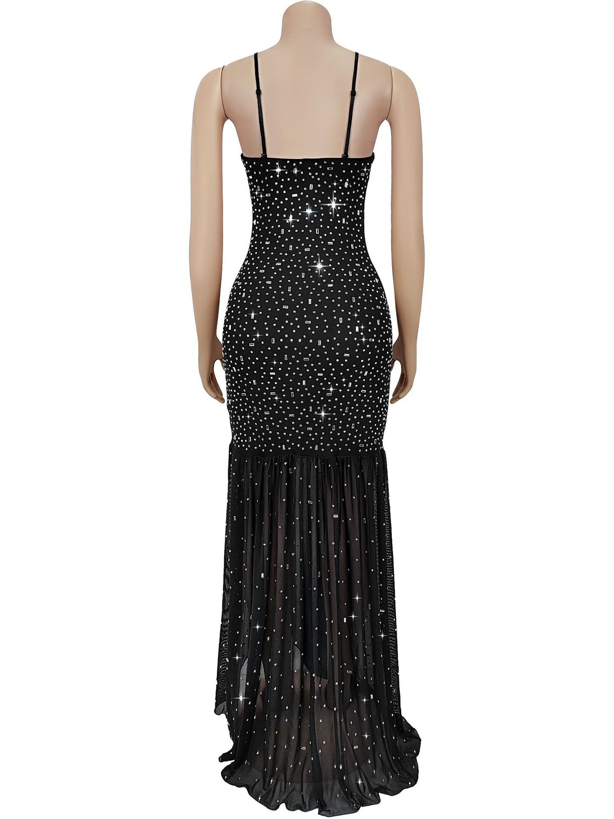 Sexy Spaghetti Strap Rhinestone Mesh Maxi Dress