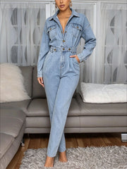 Belted Long Sleeve Straight Leg Denim Jumpsuit-boutique