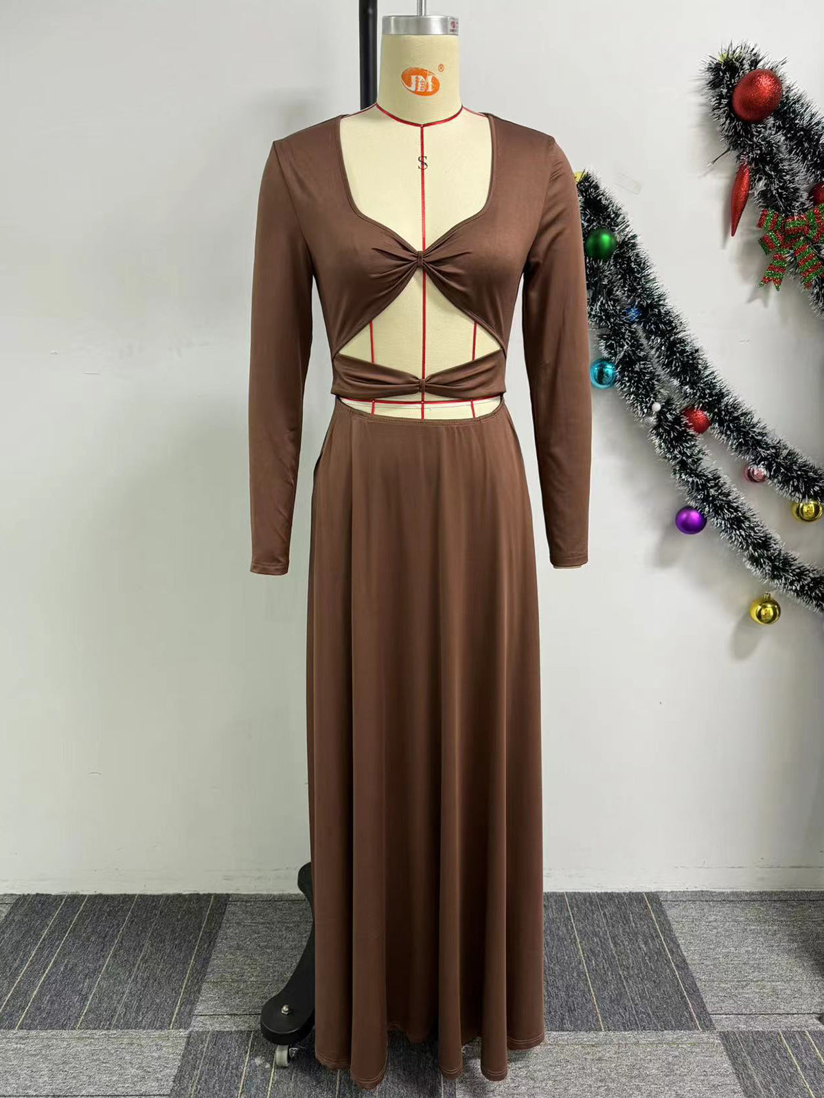 Square Neck Hollow Out Tight Split Maxi Dress