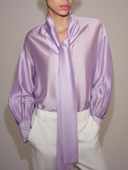 Fashion Tie Neck Silk Loose Casual Shirt