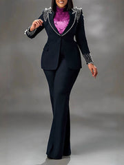Elegant Pearl Embellishment Blazer Pants Suit Set
