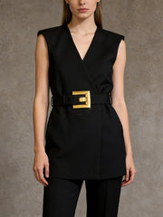 Fashion V Neck Sleeveless Belted Blazer Vest