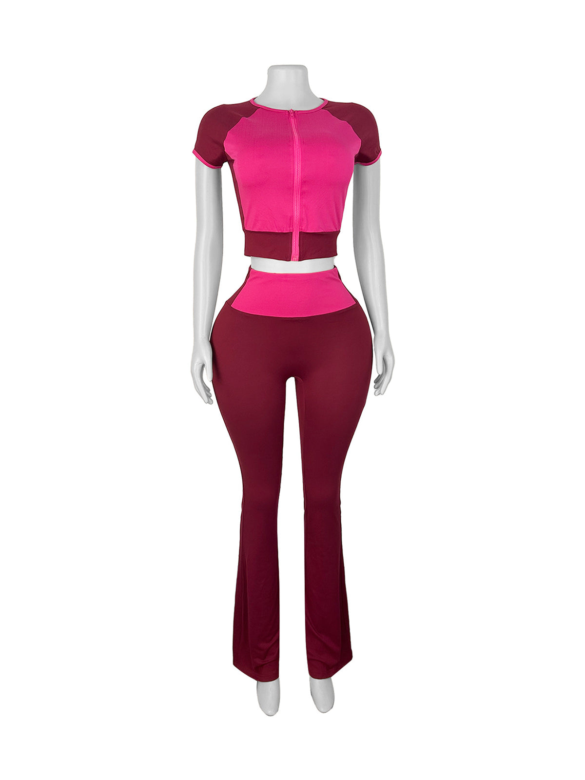 Round Collar Zipper Cropped Top High Waist Pant Sets