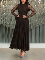 Fashion Glisten Lace See through Pleated Maxi Dress