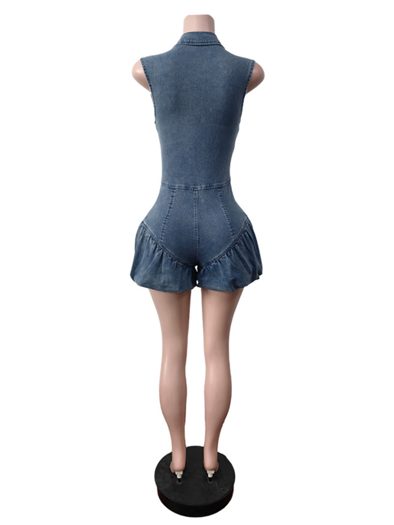 Casual Zipper Sleeveless Denim Romper