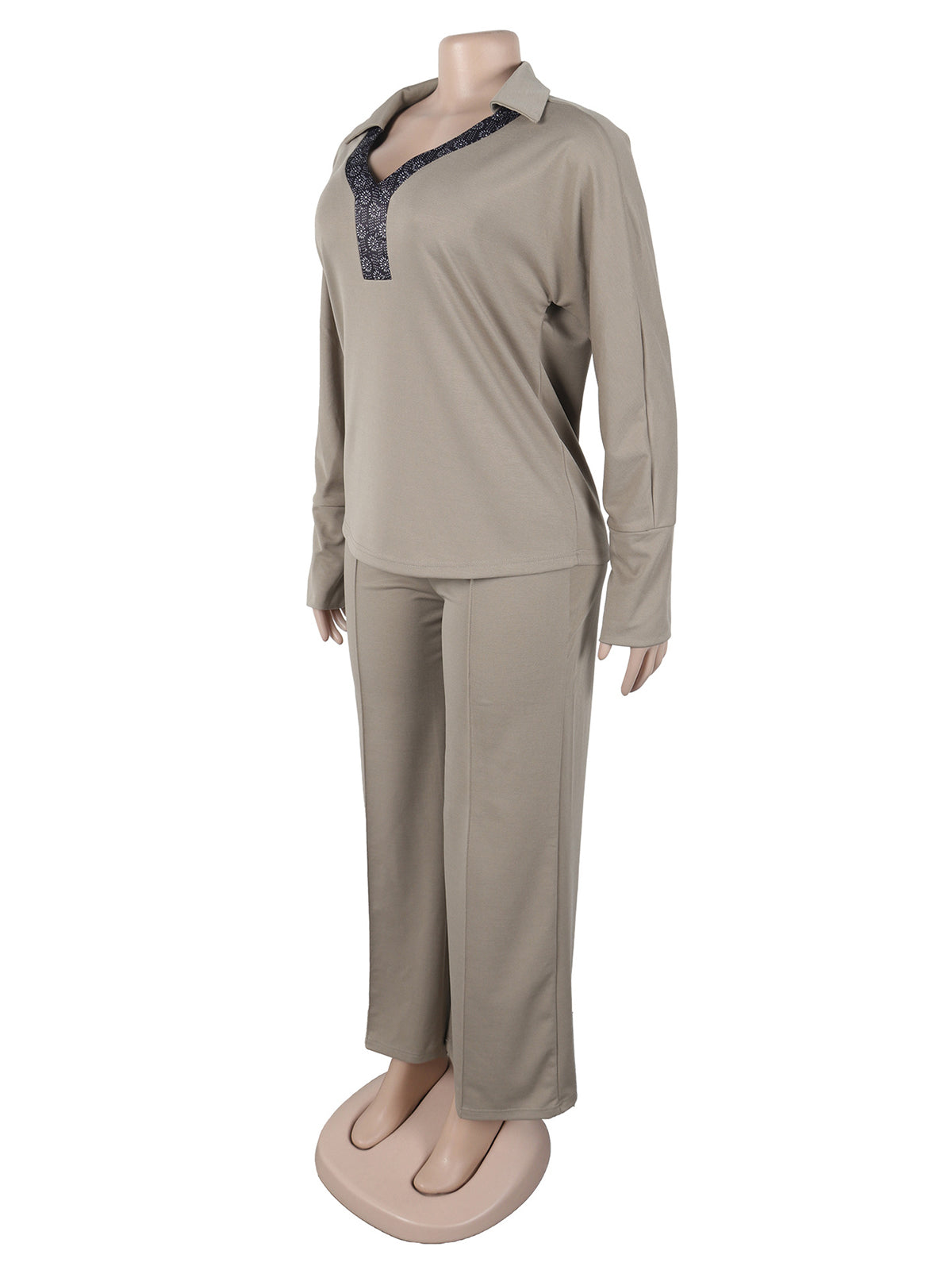 V-Turn down Collar Elastic Slim Pant Casual Set