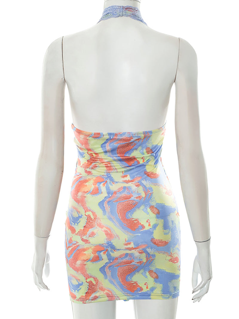 Sexy Mesh Print Lace Halter Mini Dress