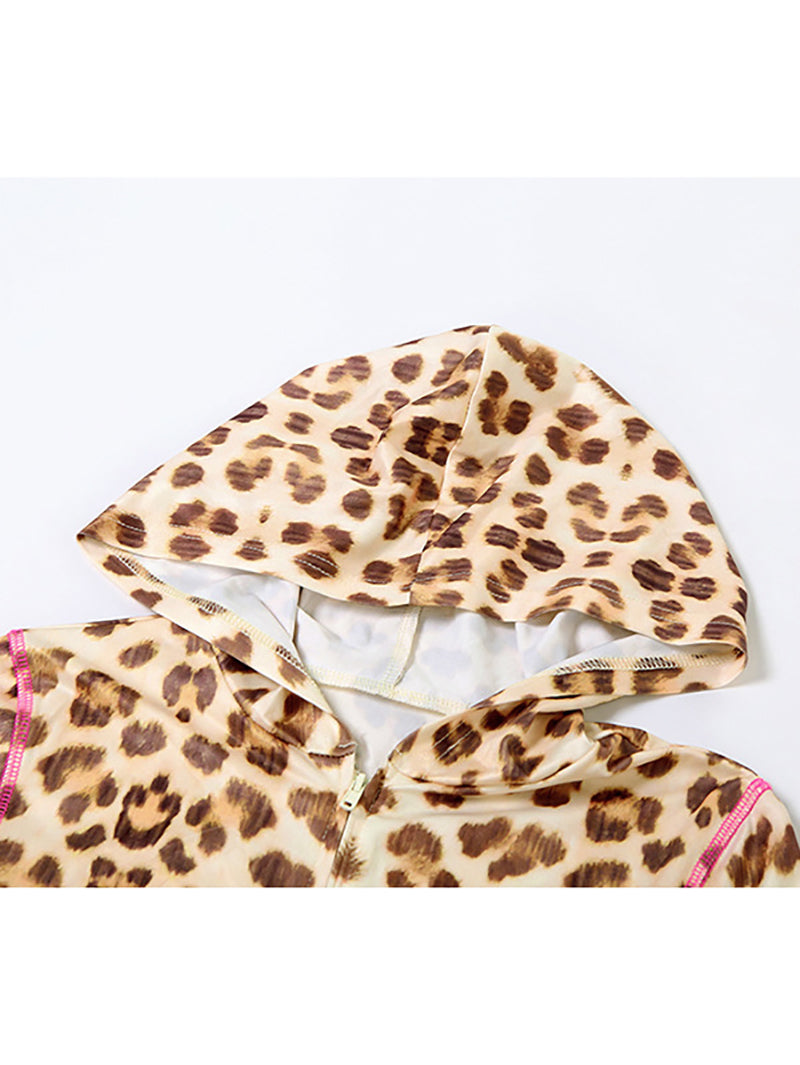 Leopard Print Hooded Crop Top And Pants Casual Sets