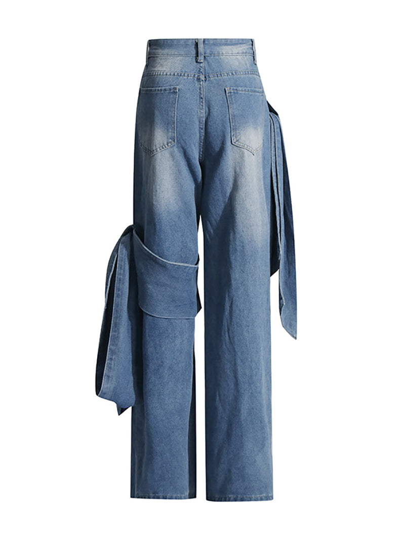Casual Patchwork Bow Embellishment Straight Jeans