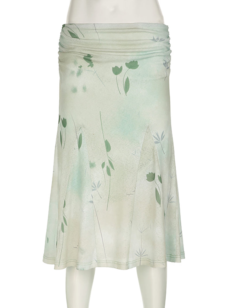 Low Rise Midi Skirt Green Floral Midi Skirt