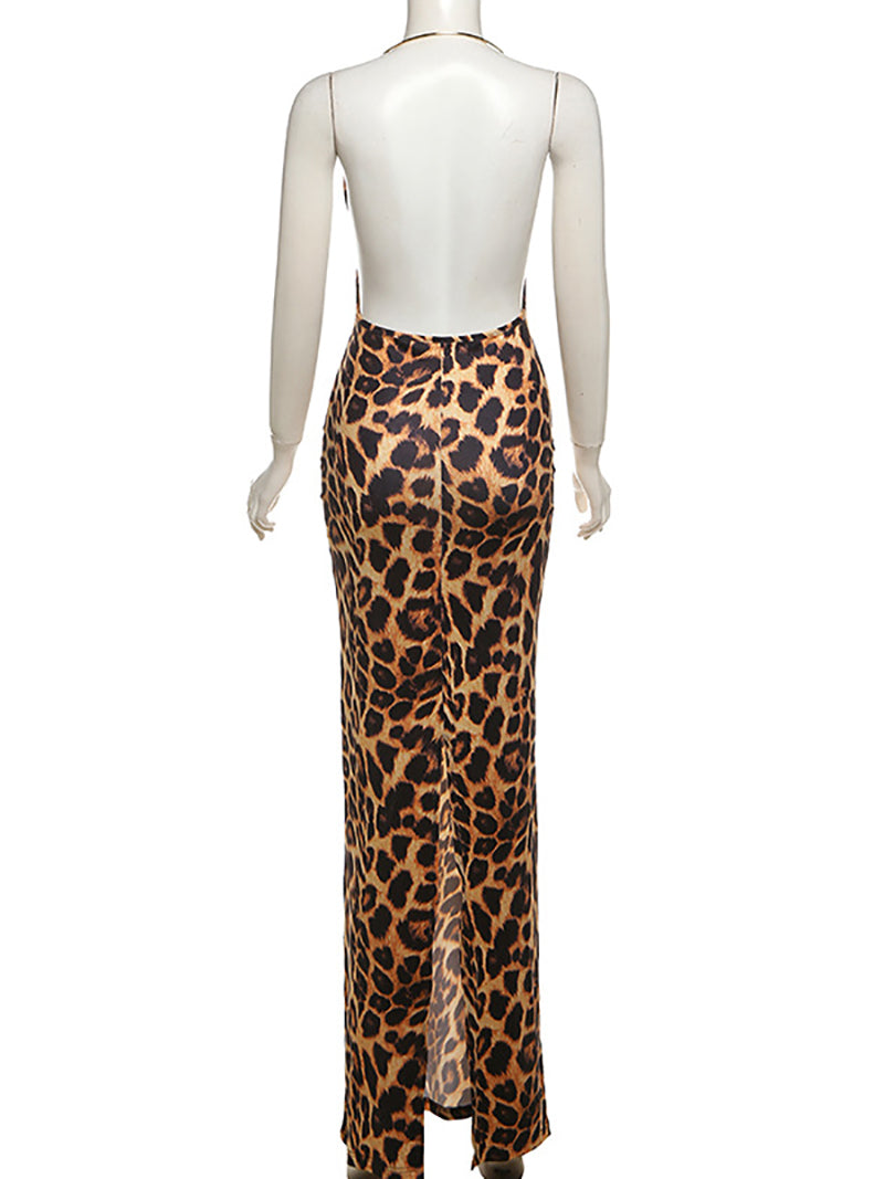 Leopard Halter Deep V Neck Backless Maxi Dress