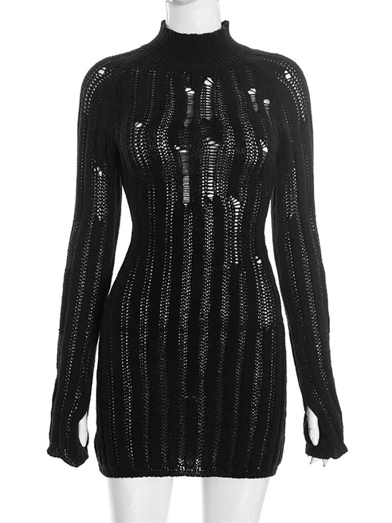 sweater mini dress long sleeve Fashion Hollow Out Knit Sweater Mini Dress – Kalika