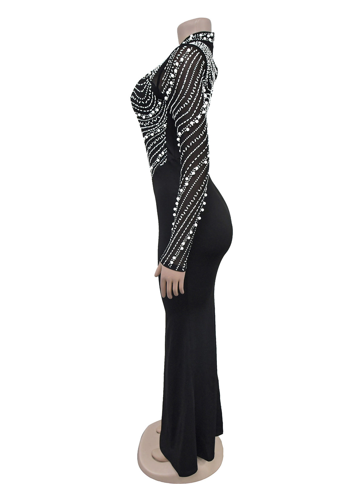 Rhinestone Mesh Patchwork Long Sleeve Maxi Dress