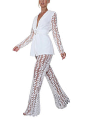 Patchwork Lace Sleeve Belt Blazer Flare Trousers Sets