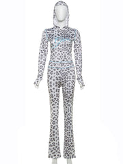 Leopard Print Hooded Crop Top And Pants Casual Sets