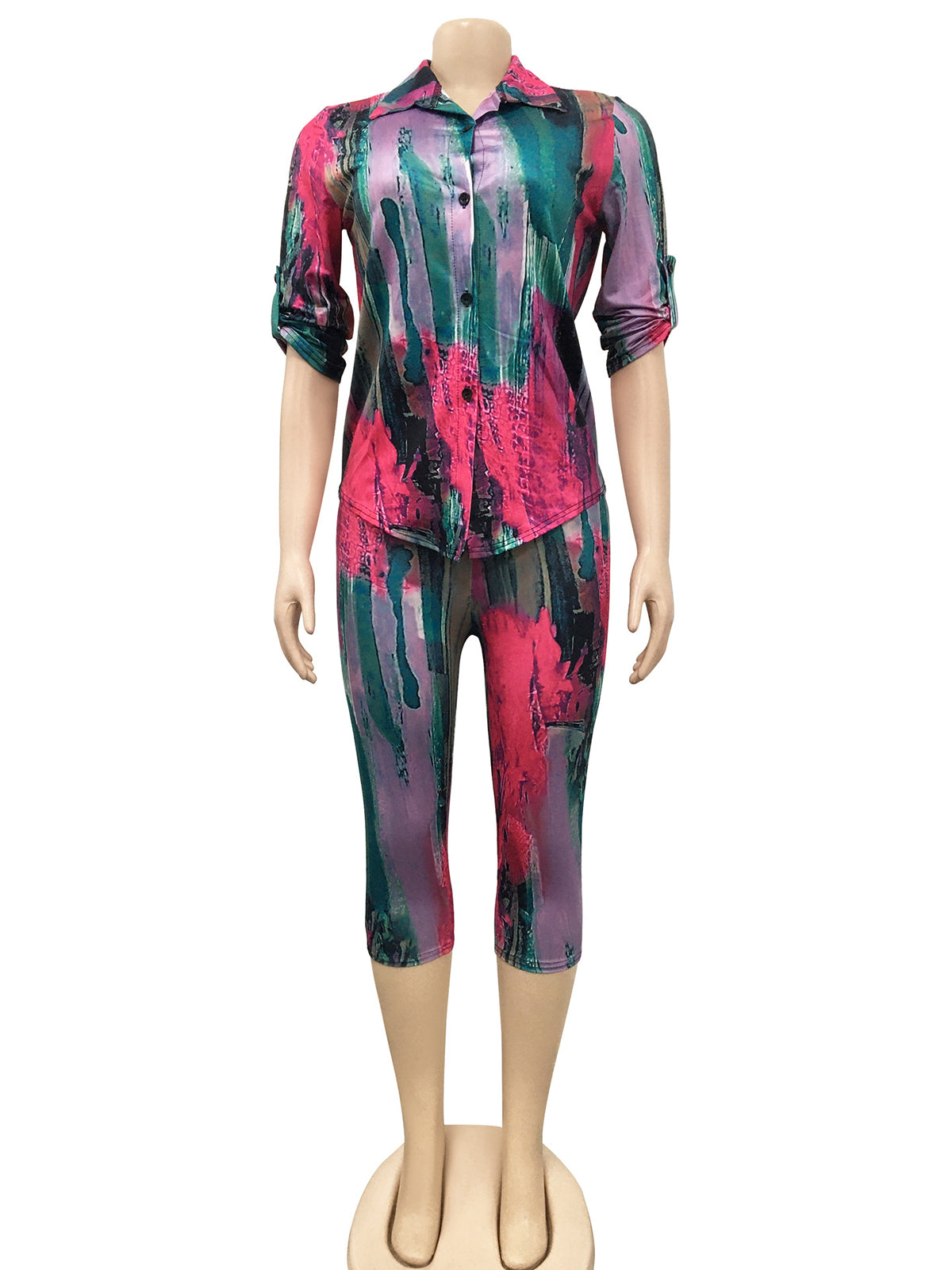 Print Turn-Down Collar Shirt Shorts 2 Piece Casual Sets
